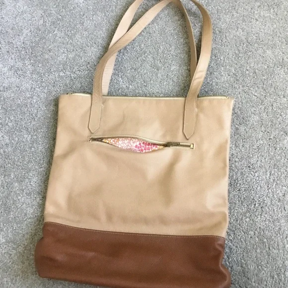 NELLY O “Leather” Purse Cream & Tan great fabric interior pinks/yellow/orange. - Picture 2 of 6